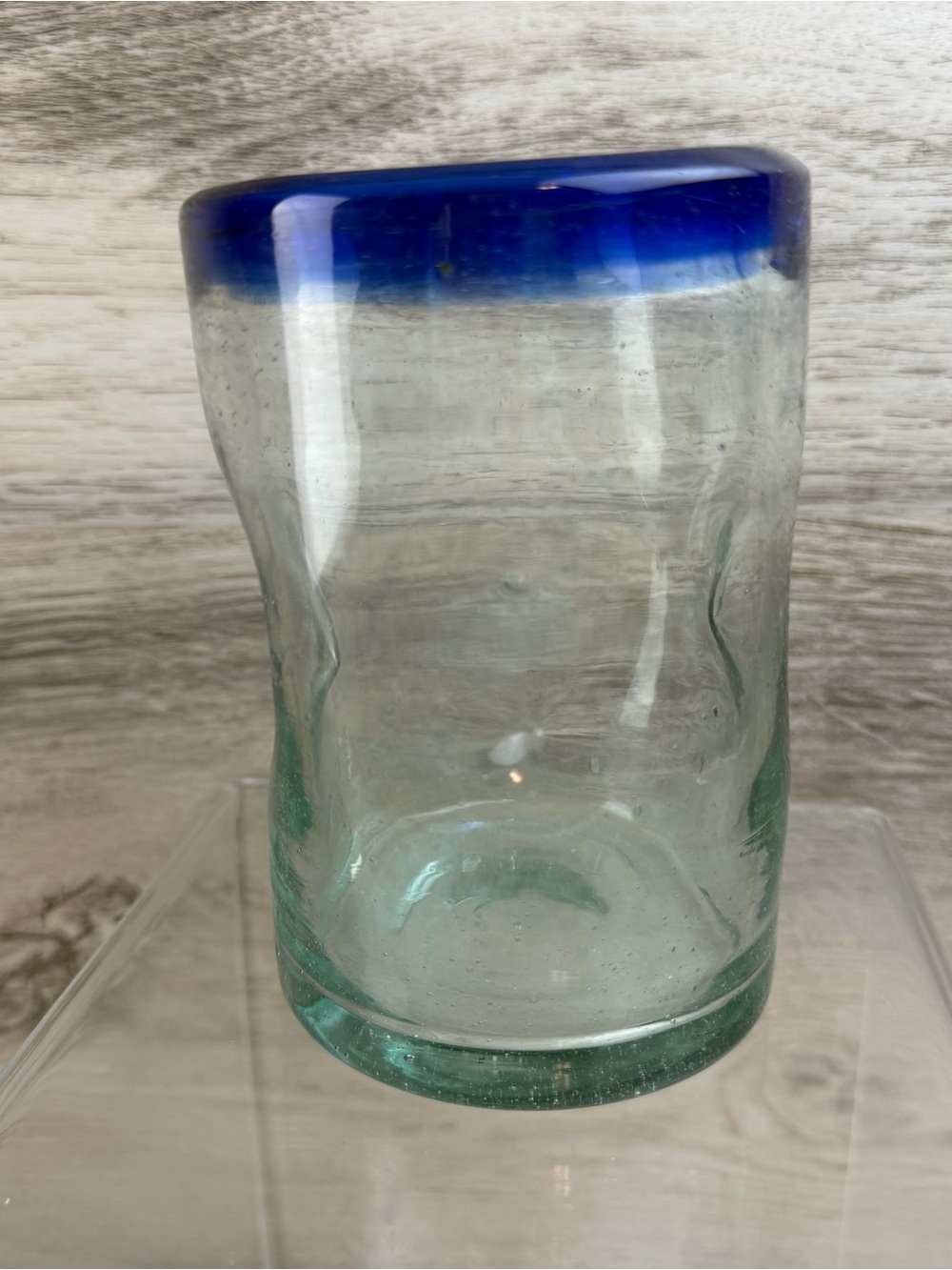 Vintage Hand Blown Art Glass Vase Cobalt Blue Rim Thumbprint Pinched Clear Glass